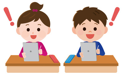 エドテック　タブレット端末を使った授業を受ける男の子と女の子イラスト