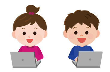 エドテック　ノートパソコンを使う男の子と女の子イラスト