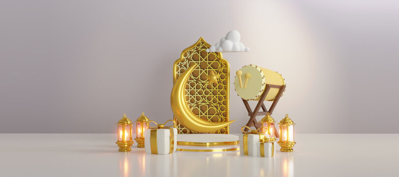 Eid AlAdha Luxury Decoration Background With Crescent Moon Drum Arabic Lanterns 3d Rendering