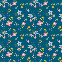 Blooming meadow seamless pattern. Spring summer collection. Trendy color for fashion. wallpapers, and print. A lot of flowers.  Ditsy style. 