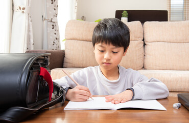 学校から帰宅してリビングで宿題をする日本人の男の子 - obrazy, fototapety, plakaty