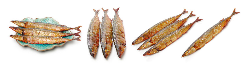 Grilled saury on white background