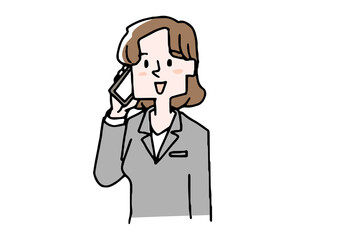 スマートフォンで電話をするビジネスウーマン（通常）　コミカルな手書きの人物　ベクター、線画にカラー