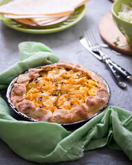 Vegetarian homemade round pie with cabbage