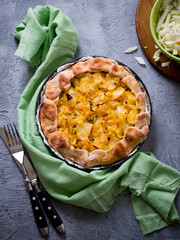 Vegetarian homemade round pie with cabbage