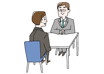 Fototapeta premium 女性社員に面談を受ける女性 コミカルな手書きの人物 ベクター、線画にカラー