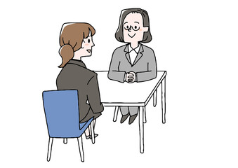 女性社員に面談を受ける男性　コミカルな手書きの人物　ベクター、線画にカラー