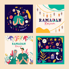 Islamic people and doodle in holiday ramadan card. 