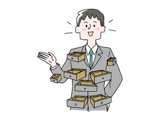引き出しの多い男性　コミカルな手書きの人物　ベクター、線画にカラー