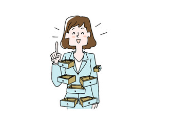 
引き出しの多い女性　コミカルな手書きの人物　ベクター、線画にカラー

