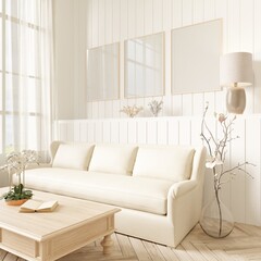 Mockup frame,living room interior background in light pastel colors, Scandinavian and Boho style .3d rendering
