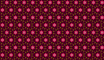 Abstract simple geometric seamless dots and flowers pattern in bright pink and yellow