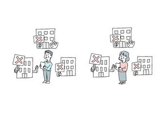 たらい回しにされている人々のセット　コミカルな手書きの人物　ベクター、線画にカラー