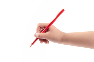 kid hand holding pencil, writing or drawing, isolated on white background.