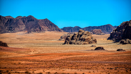 Naklejka na ściany i meble Extraordinary mountain desert landscape, Wadi Rum Protected Area, Jordan.