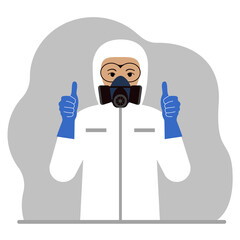 A man in a white radiation protective suit and a helmet with a respirator, chemical or biological safety uniform. Vector