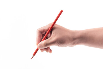 man's hand with the pencil isolated on white background. 