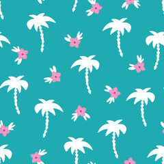 Palm trees Hibiscus flowers seamless vector background. White palm tree silhouettes repeating pattern on teal blue green pink. Pink floral botanical vector background hand drawn for fabric, wrap.