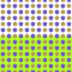 Chamomile floral vector seamless pattern. Hand drawn black ink brush stroke contour, daisy meadow flowers in blue yellow colors