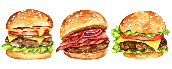 three burgers with meat, onion, tomatos, salad, watercolour hand drawn illustration - obrazy, fototapety, plakaty