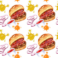 seamless pattern with tasty burger, onion, sause, splashes, watercolor hand drawn illustration