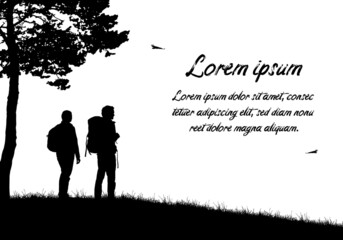 Monochrome flat design illustration with realistic silhouettes of two tourists, a man and a woman. Landscape with trees, flying birds and text, vector
