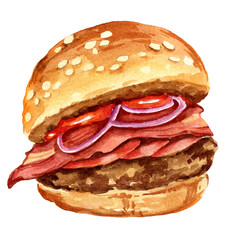 burger with meat, onion, tomatos, watercolour hand drawn illustration, isolated