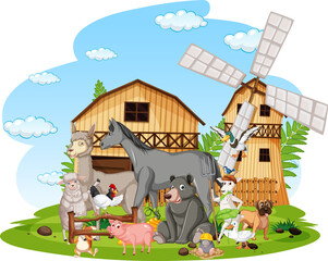 Obraz na płótnie Canvas Scene with farm animals by the barn
