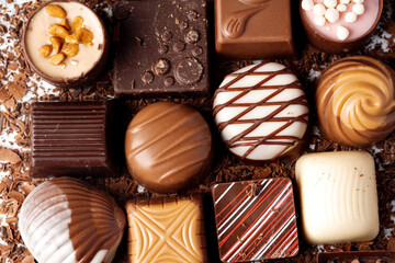 Chocolate candies and chocolate pieces pile for background