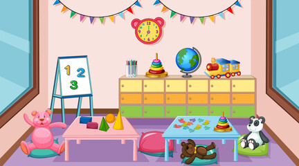 Empty kindergarten classroom interior with many kid toys
