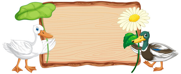 Duck animals with empty wood signboard