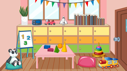 Obraz premium Empty kindergarten classroom interior with many kid toys