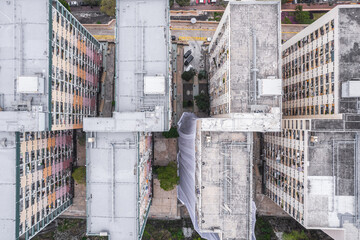 Aerial view of old colorful public housing in Hong Kong