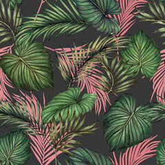 Obraz premium Watercolor painting colorful tree tropical leaves seamless pattern background.Watercolor hand drawn illustration tropical exotic leaf prints for wallpaper,textile Hawaii aloha jungle pattern.