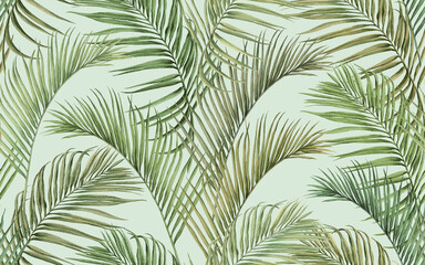 Aquarellmalerei bunter Baum Kokosnuss verlässt nahtlosen Musterhintergrund.Aquarell handgezeichnete Illustration tropische exotische Blattdrucke für Tapeten, Textil Hawaii Aloha Dschungelmuster.