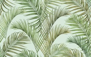 Foto op Plexiglas Tropische bladeren Aquarel schilderij kleurrijke boom kokosnoot verlaat naadloze patroon achtergrond. Aquarel hand getekende illustratie tropische exotische blad wordt afgedrukt voor behang, textiel Hawaii aloha jungle patroon.