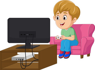 Cartoon little boy playing video game