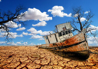 Boats on a barren land. A ship on a broken land. The concept of drought, global warming and the environment.