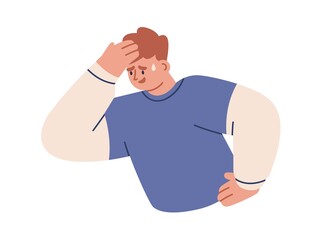Worried anxious sweating person in stress, confusion. Nervous shy concerned man with afraid panic, fluster emotions, face expression. Flat graphic vector illustration isolated on white background