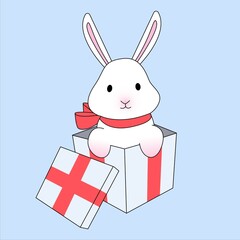 Cute Christmas white rabbit in a box. Rabbit symbol of 2023. Rabbit in a gift box.
