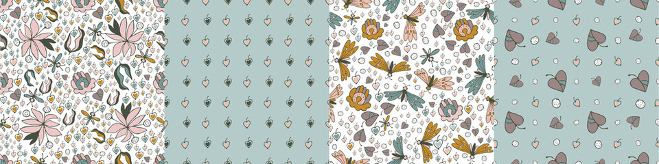 Modern floral pattern, large flowers and butterflies, polka dot pattern, small spots. Seamless pattern set. Modern design for paper, cover, fabric, decor, print. Design for paper, cover, fabric, decor