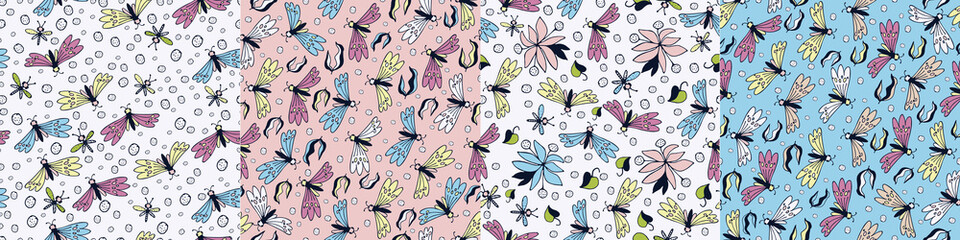 Modern floral pattern, large flowers and butterflies, polka dot pattern, small spots. Seamless pattern set. Modern design for paper, cover, fabric, decor, print. Design for paper, cover, fabric, decor