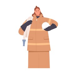 Woman firefighter in uniform portrait. Happy firewoman with hose and helmet in hands. Female fire fighter standing with professional equipment. Flat vector illustration isolated on white background