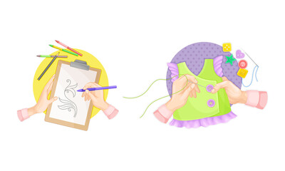 Craft hobbies set. View from above of human hands creating crafts. Drawing and needlework cartoon vector illustration