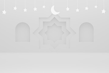 3d ramadan white ornament islamic background with stars and crescent white color 3d illustration rendering for flyer design, banner, poster and etc