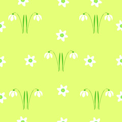 Seamless pattern abstract snowdrops, wood anemone flowers on yellow background. Simple wildflowers kids texture, vector eps 10