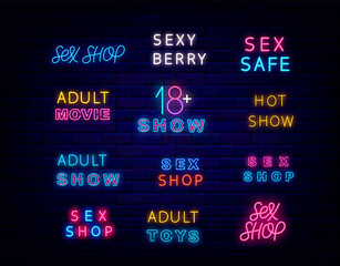 Sex shop neon sign collection. Adult toys, hot show. Sex safe. Night bright signboard set. Vector stock illustration