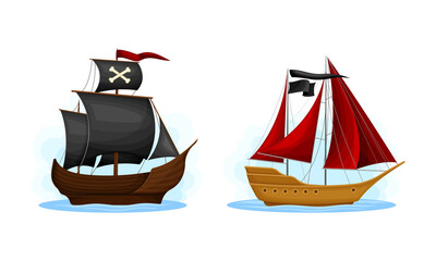 Pirate ships with black and red sails and flags set. Vintage wooden vessels cartoon vector illustration