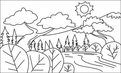 Illustration of river and mountain landscape. Suitable for children coloring book.