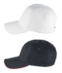 Set of two textile baseball caps with sun visors, black and white, isolated on a white background. Side view. - 494638491